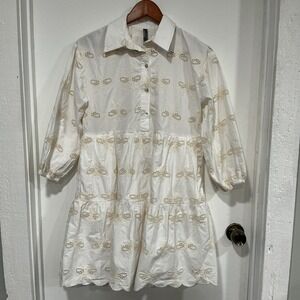ANTHROPOLOGIE Bettina Embroidered Eyelet Bee Mini Shirt White Dress XS, Pockets